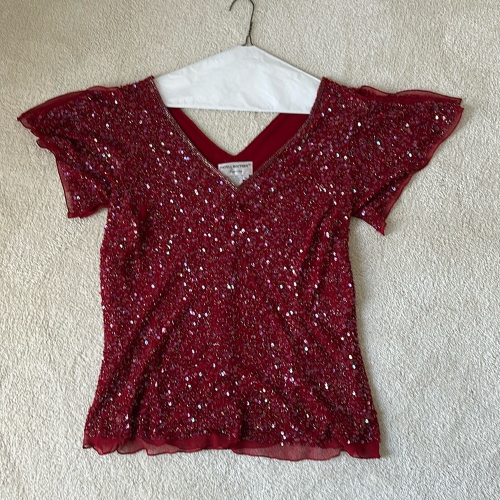 Vintage Papell Boutique Top 1X, Red Silk Embellished V Plunge, Flutter Sleeves - Picture 5 of 8